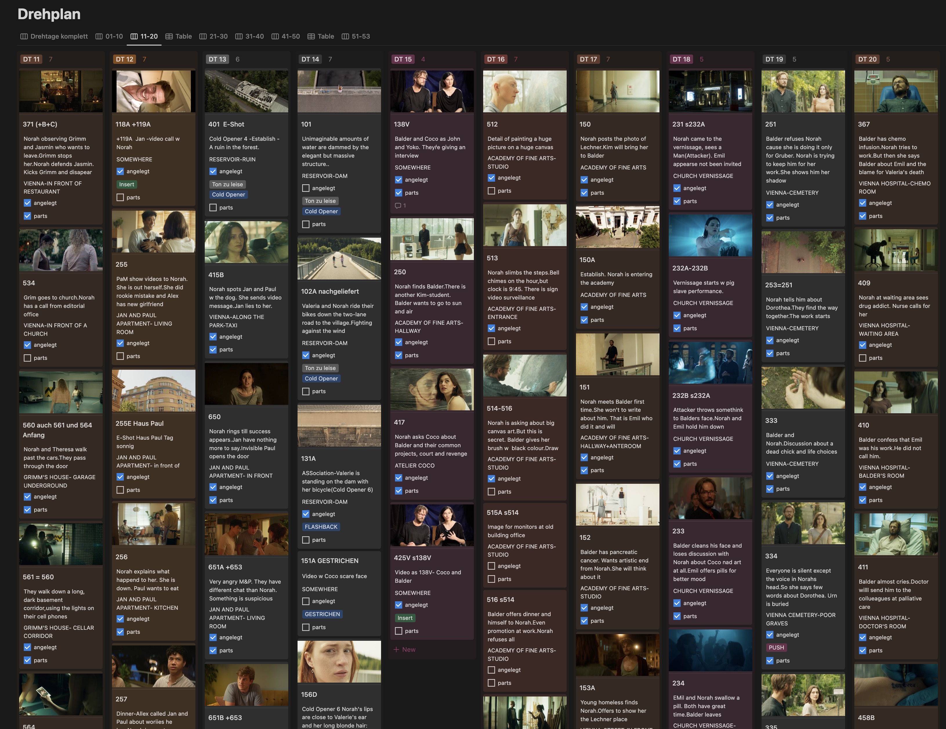 View of a notion database, every shooting day is a column, every column shows cards for the scheduled scenes